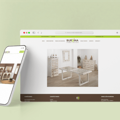 Mockup del sitio web de BurkinaHomeDecor mostrando opciones de catálogo en dispositivos PC y móvil