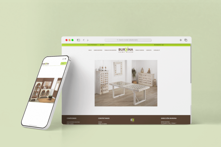 Mockup del sitio web de BurkinaHomeDecor mostrando opciones de catálogo en dispositivos PC y móvil