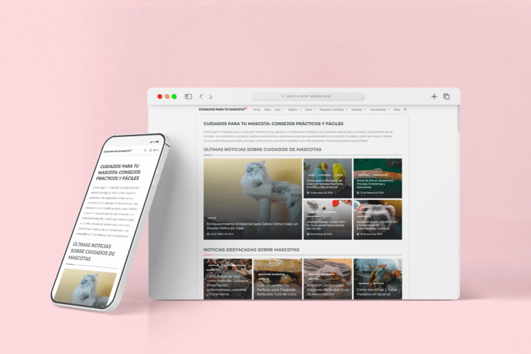 Vista del blog CuidadosParaTuMascota en dispositivos PC y móvil, mostrando entradas recientes y categorías de cuidado de mascotas