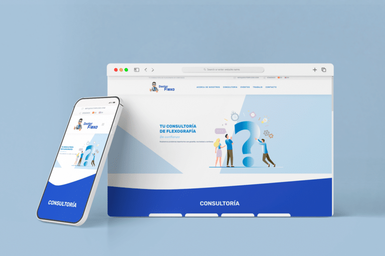 Mockup del sitio web de DoctorFlexo mostrado en PC y móvil, destacando su diseño responsive.