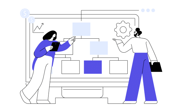 Ilustración estilo flat de un hombre y una mujer con carpetas analizando un esquema y un engranaje en una pantalla gigante, simbolizando la consultoría y optimización web que Soulvi ofrece para maximizar el rendimiento web