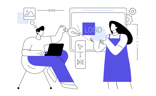 Ilustración estilo flat de un hombre y una mujer discutiendo el diseño de un logo empresarial en Soulvi, simbolizando colaboración y creatividad