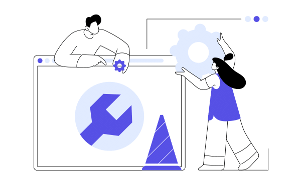 Ilustración estilo flat mostrando a un hombre y una mujer mejorando un sitio web a través de una pantalla gigante con iconos de engranajes, representando el mantenimiento y mejora web en Soulvi