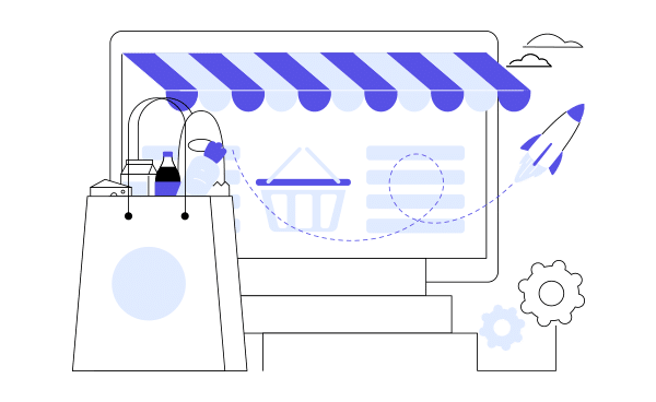 Ilustración estilo flat de una pantalla de PC con toldo simbolizando una tienda online, bolsa de compras y un cohete, representando el crecimiento explosivo de ventas gracias a la experiencia de Soulvi en Tiendas Online
