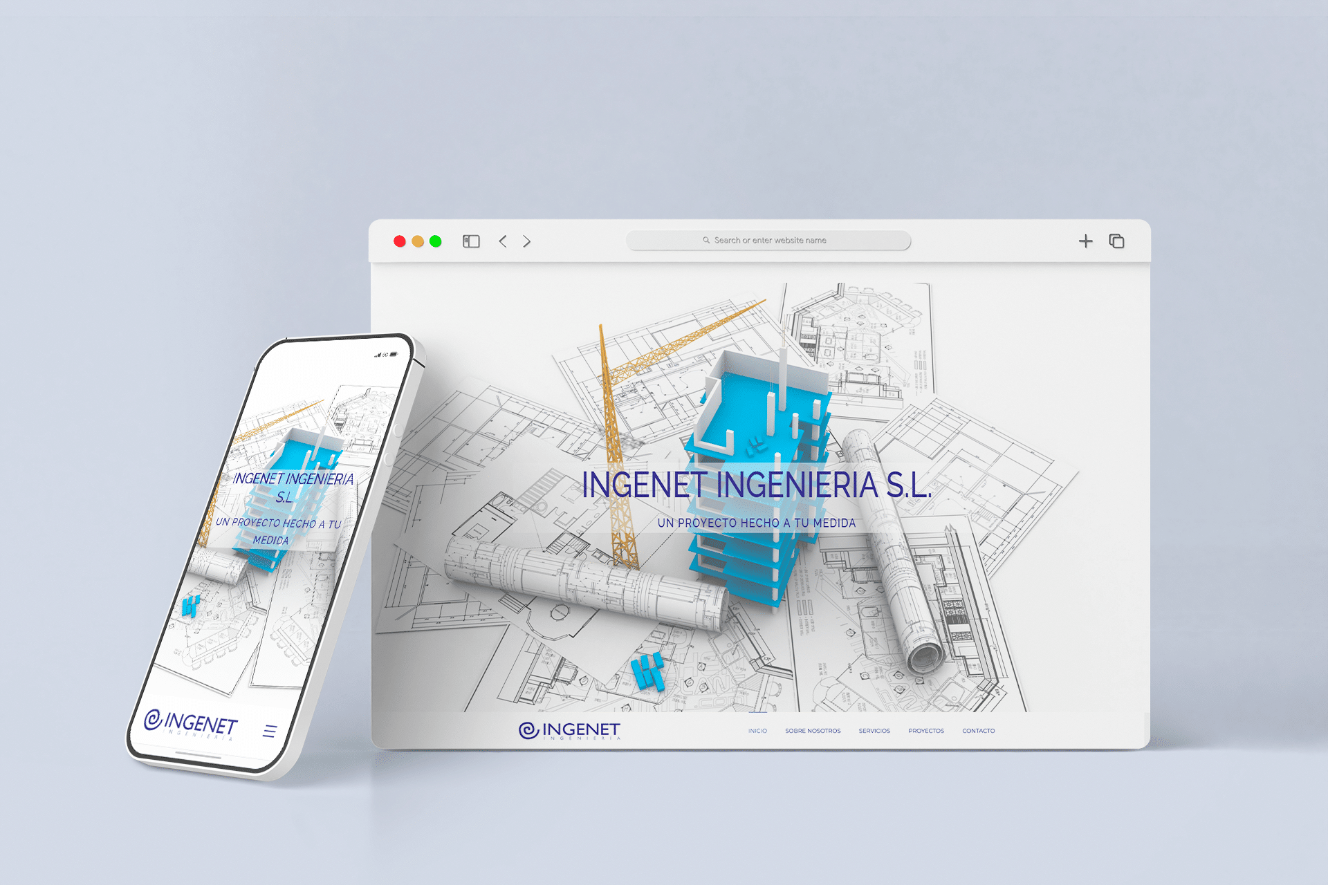 Sitio web de Ingenet mostrado en mockups de PC y móvil, destacando el diseño one-page con menú fijo