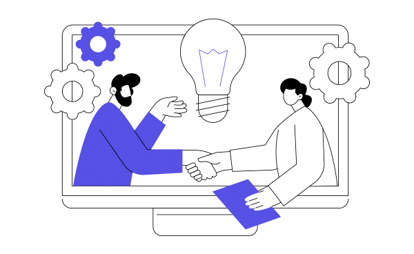 Ilustración estilo flat de dos personas dándose la mano desde el interior de un monitor gigante, rodeadas de engranajes y con una bombilla sobre ellos, simbolizando la colaboración, la innovación y la transparencia en Soulvi