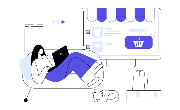 Persona usando un portátil mientras gestiona una tienda online desde su hogar, con un gato y paquetes alrededor.