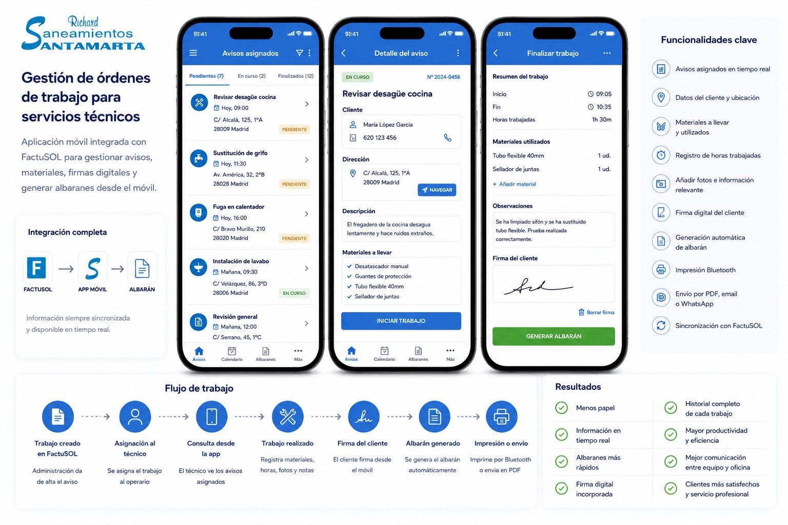 Ilustración de SaneSanta App, una aplicación móvil desarrollada por Soulvi para gestionar órdenes de trabajo, avisos, materiales, firmas digitales y generación de albaranes integrada con FactuSOL.