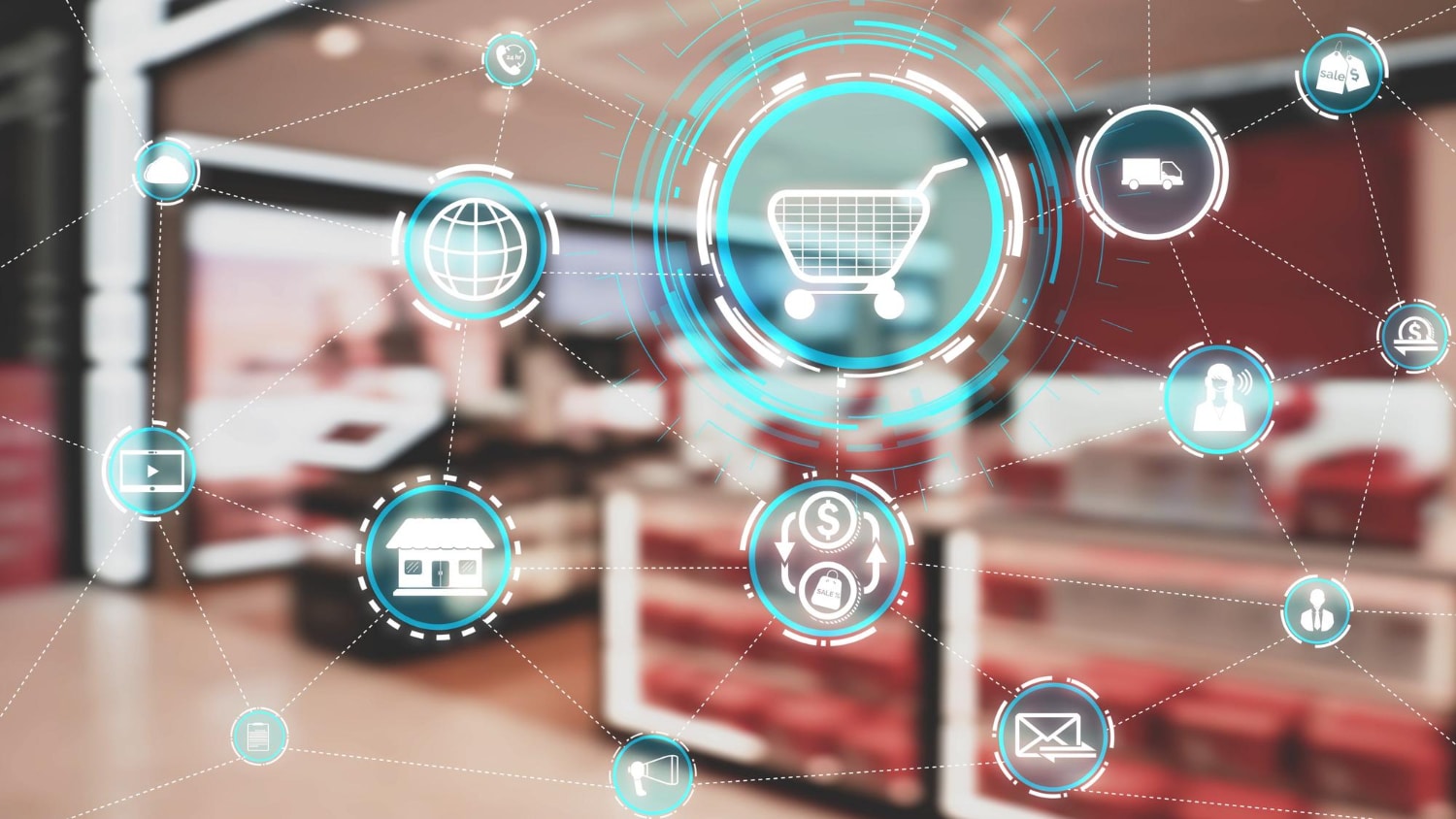 Iconos de tecnología conectados en un entorno de tienda, simbolizando la automatización en el comercio electrónico.