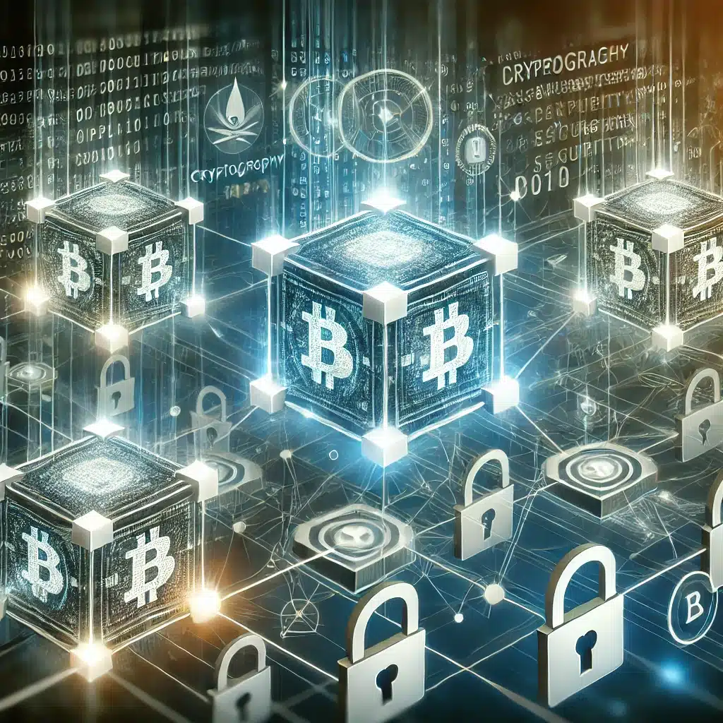 Blockchain aplicada a la seguridad de datos, con bloques interconectados y símbolos de protección y cifrado.