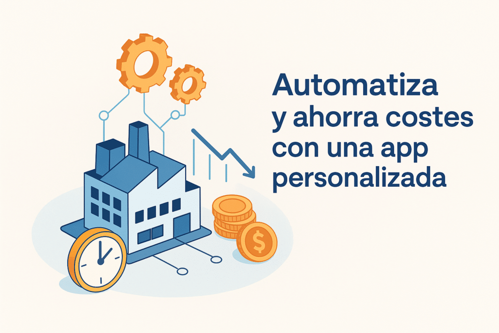 Ilustración de fábrica con engranajes, reloj y monedas que representa la automatización y el ahorro de costes con una app personalizada.