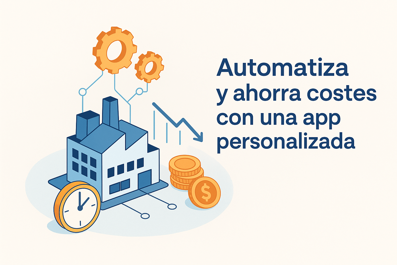 Ilustración de fábrica con engranajes, reloj y monedas que representa la automatización y el ahorro de costes con una app personalizada.