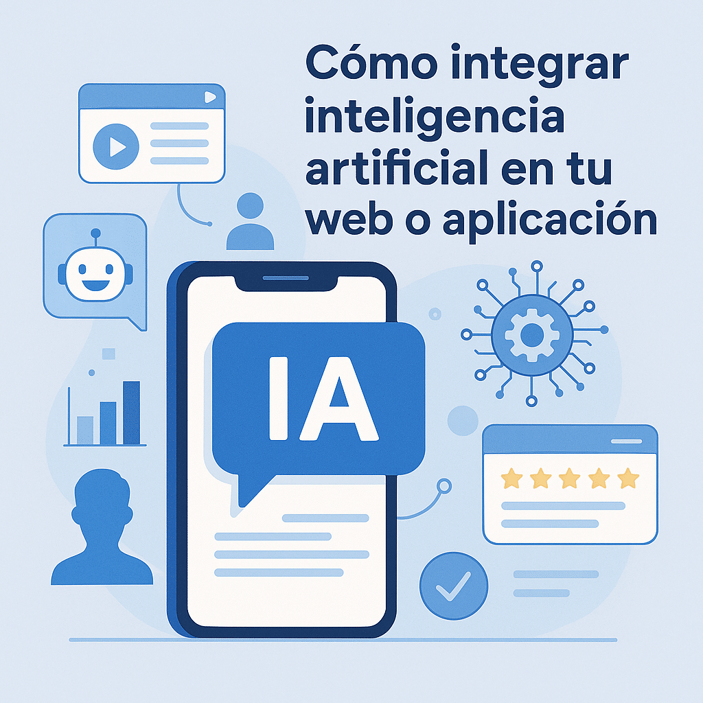Imagen con smartphone y elementos de IA como chatbots, gráficos y engranajes, representando la integración de inteligencia artificial en webs y aplicaciones.