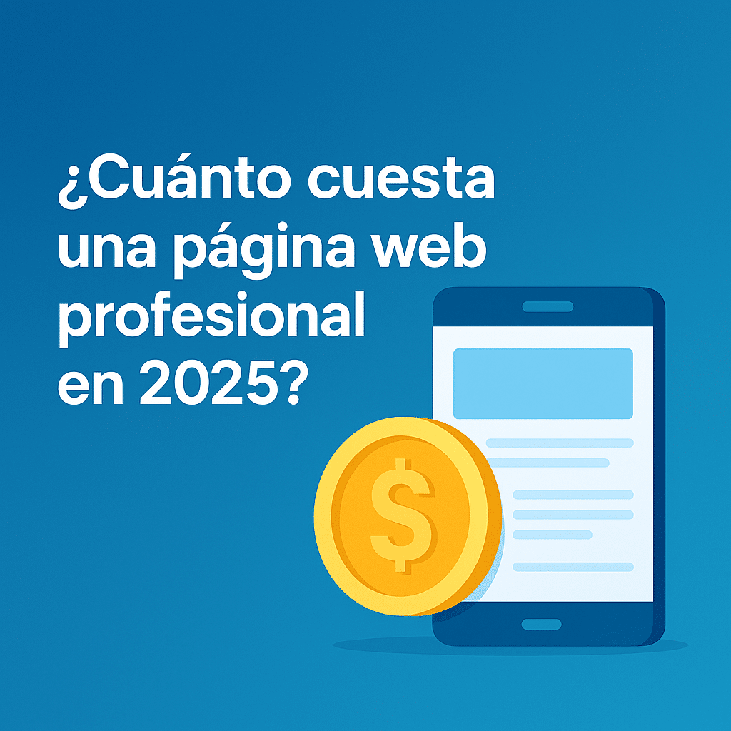 Imagen con el texto “¿Cuánto cuesta una página web profesional en 2025?” acompañada de un icono de moneda dorada y un dispositivo que simboliza una web.
