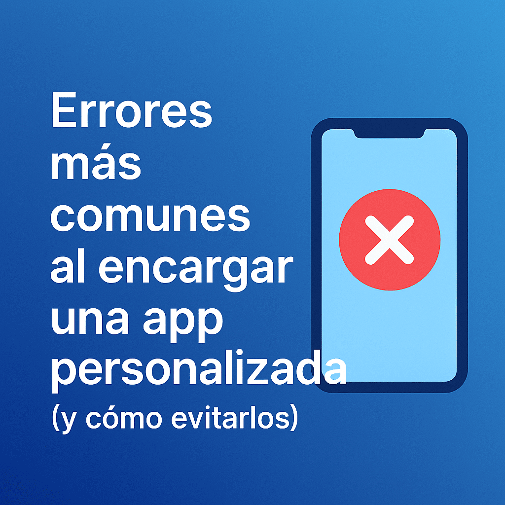 Imagen con título “Errores más comunes al encargar una app personalizada (y cómo evitarlos)” junto a un móvil con una X roja en pantalla, simbolizando errores en desarrollo de aplicaciones.
