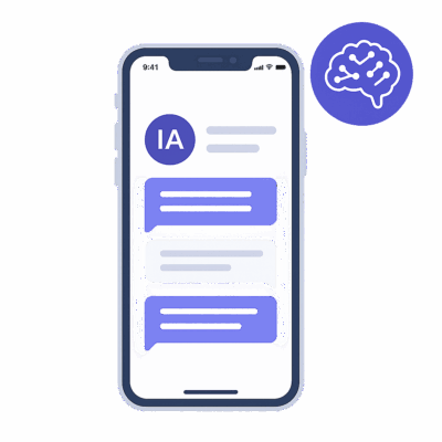 Ilustración vectorial de un smartphone con chat impulsado por inteligencia artificial, mostrando mensajes automáticos y un icono de IA – Soulvi