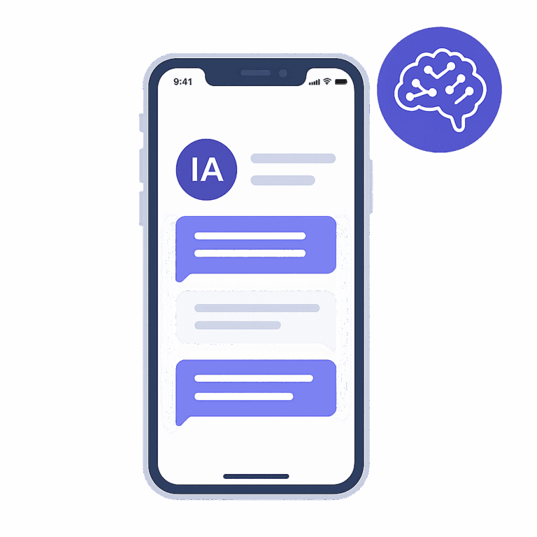 Ilustración vectorial de un smartphone con chat impulsado por inteligencia artificial, mostrando mensajes automáticos y un icono de IA – Soulvi