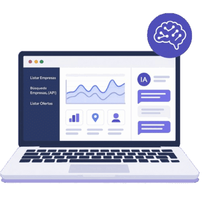 Mockup de aplicación web con inteligencia artificial en un portátil, mostrando dashboard con gráficos y chat IA – Soulvi
