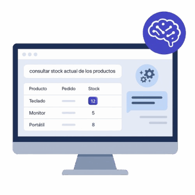 Mockup de software de escritorio con inteligencia artificial en un ordenador, mostrando tabla de stock y búsqueda en lenguaje natural – Soulvi
