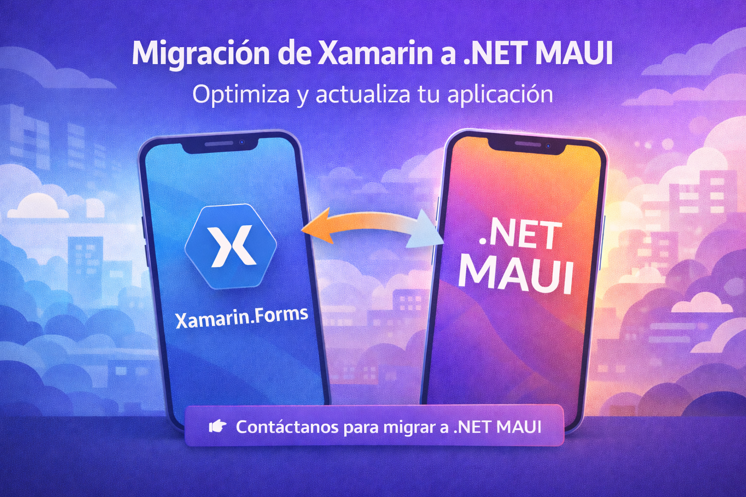 Migración de aplicación Xamarin a .NET MAUI representada en dos dispositivos móviles