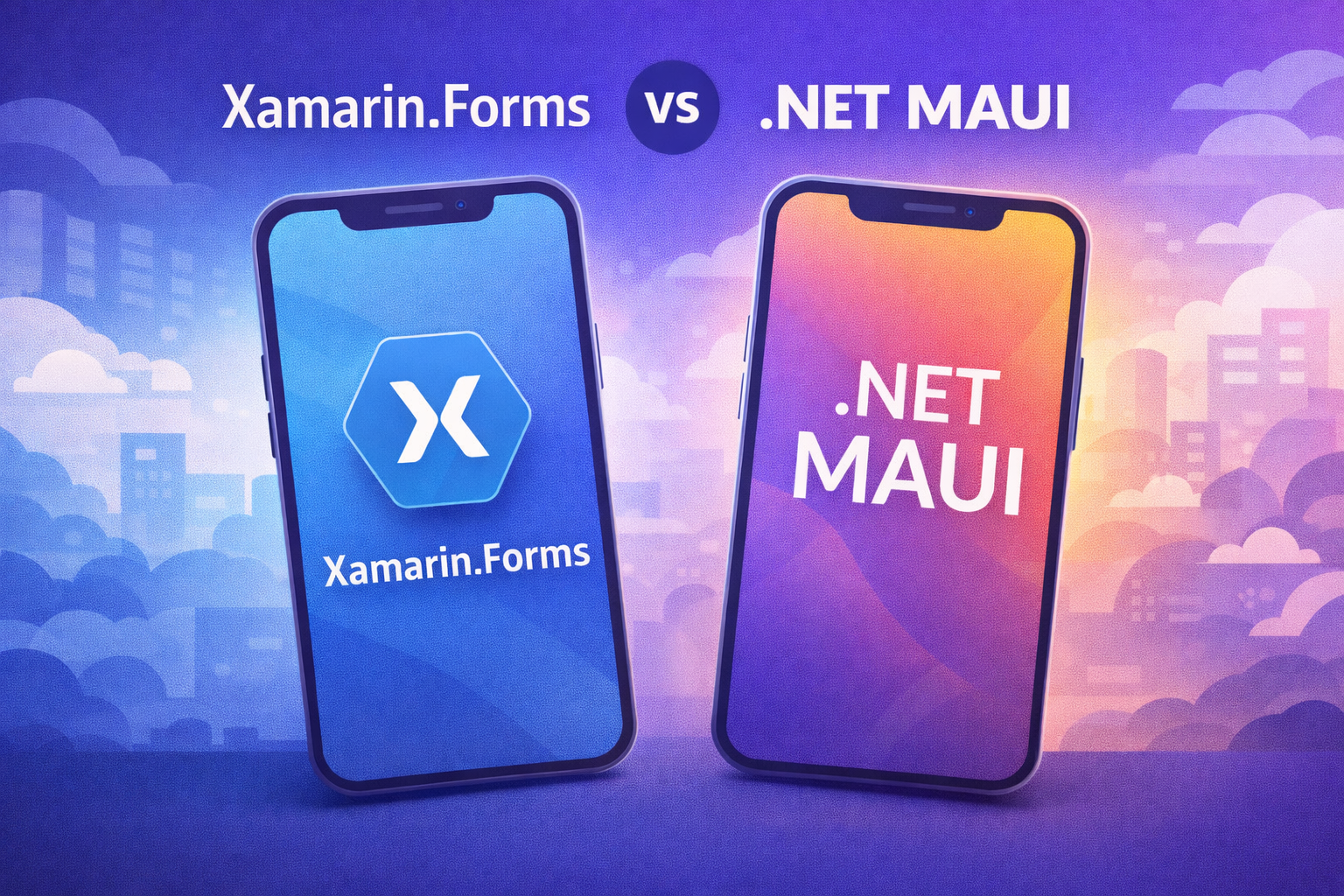 Comparación entre Xamarin.Forms y .NET MAUI en dos dispositivos móviles mostrando sus diferencias