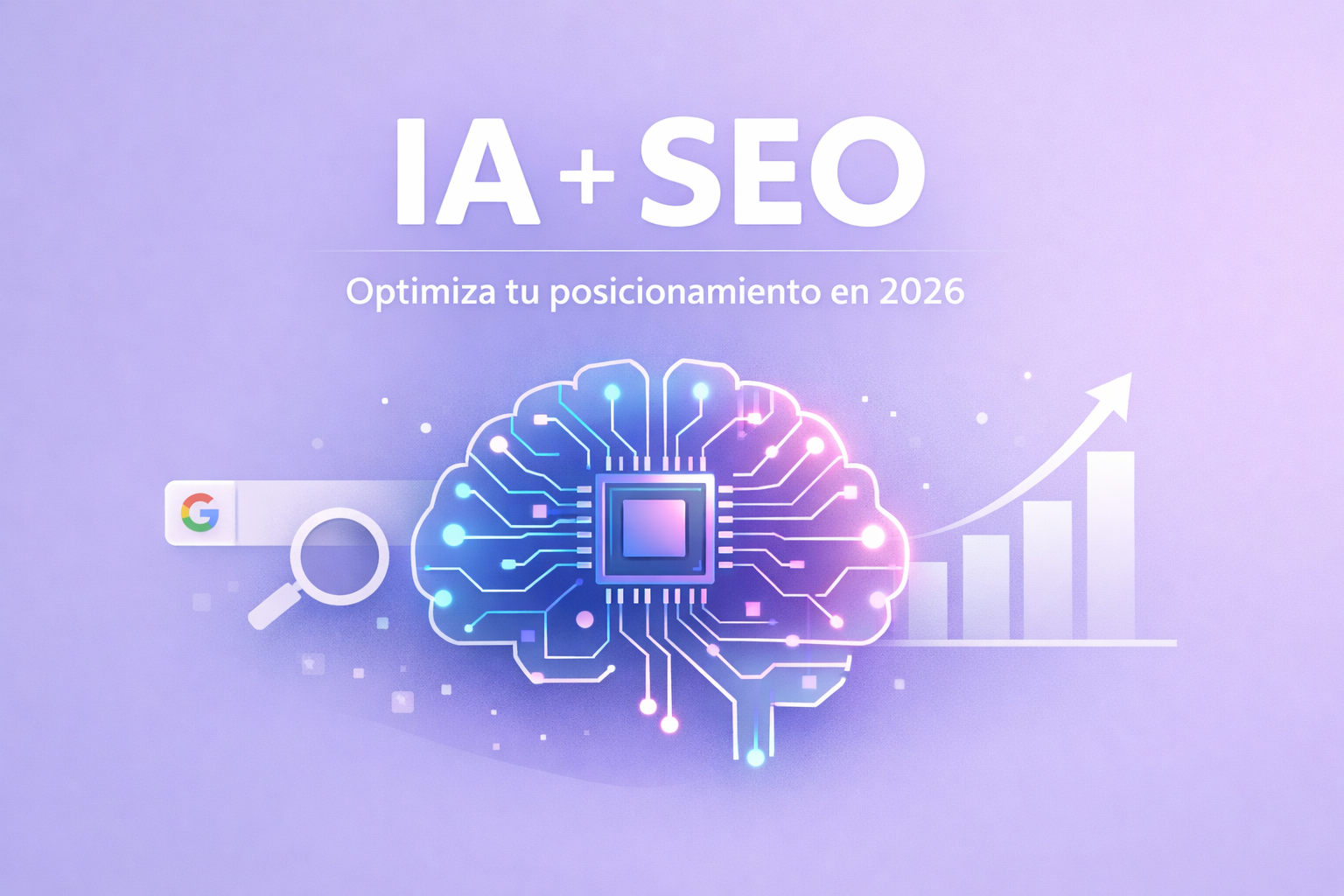 Ilustración de inteligencia artificial aplicada al SEO con gráfico de crecimiento y concepto de optimización web