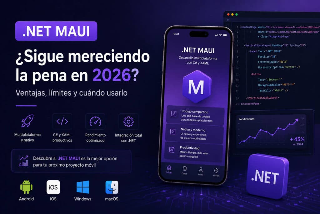 Ilustración sobre .NET MAUI en 2026 mostrando desarrollo de aplicaciones móviles multiplataforma para Android, iOS y Windows.