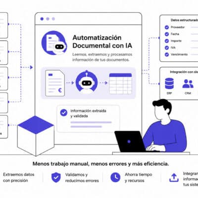 Ilustración de una solución de automatización documental con Inteligencia Artificial que procesa facturas, albaranes, contratos, formularios y emails para extraer información e integrarla con ERP y CRM.