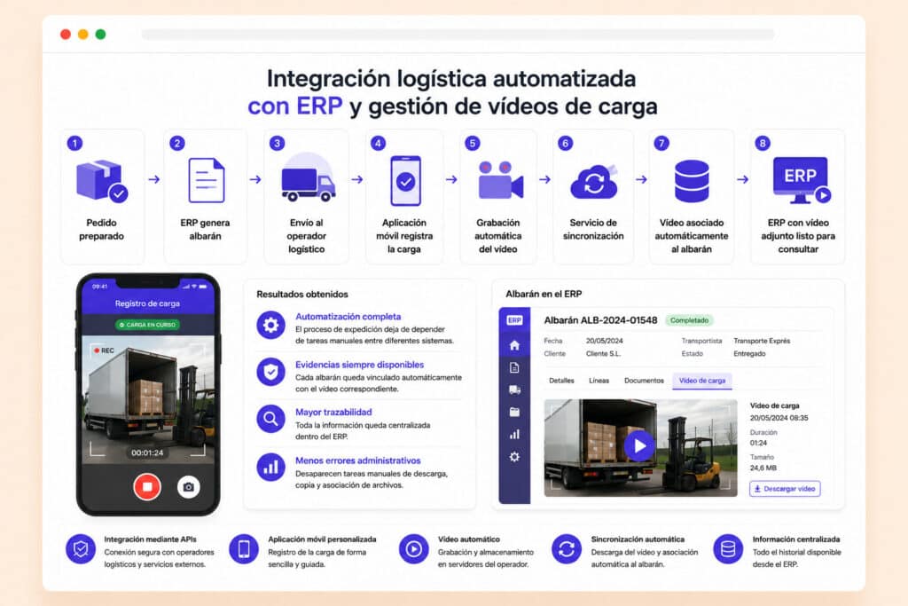 Ilustración del flujo de integración logística automatizada entre un ERP, una aplicación móvil y operadores de transporte, incluyendo la grabación de vídeos de carga y su sincronización automática con el sistema de gestión.