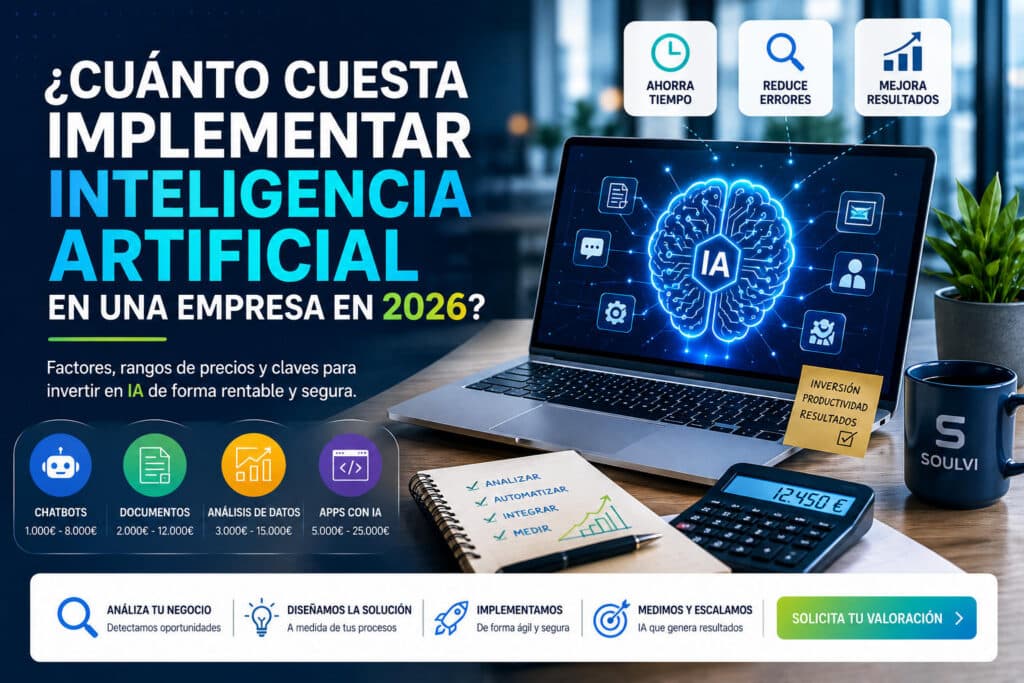Imagen sobre cuánto cuesta implementar inteligencia artificial en una empresa en 2026, con ejemplos de chatbots, documentos, análisis de datos y aplicaciones con IA.