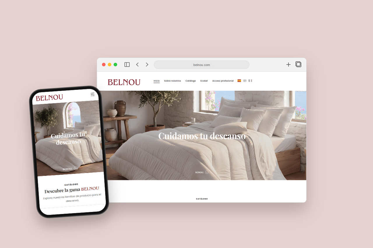 Mockup responsive de Belnou, web y catálogo para especialistas en descanso.