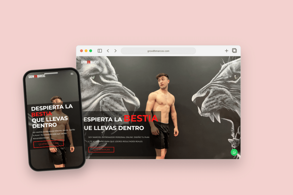 Mockup responsive de GrowithMarcos con la web en ordenador y móvil sobre un fondo inspirado en su identidad visual.