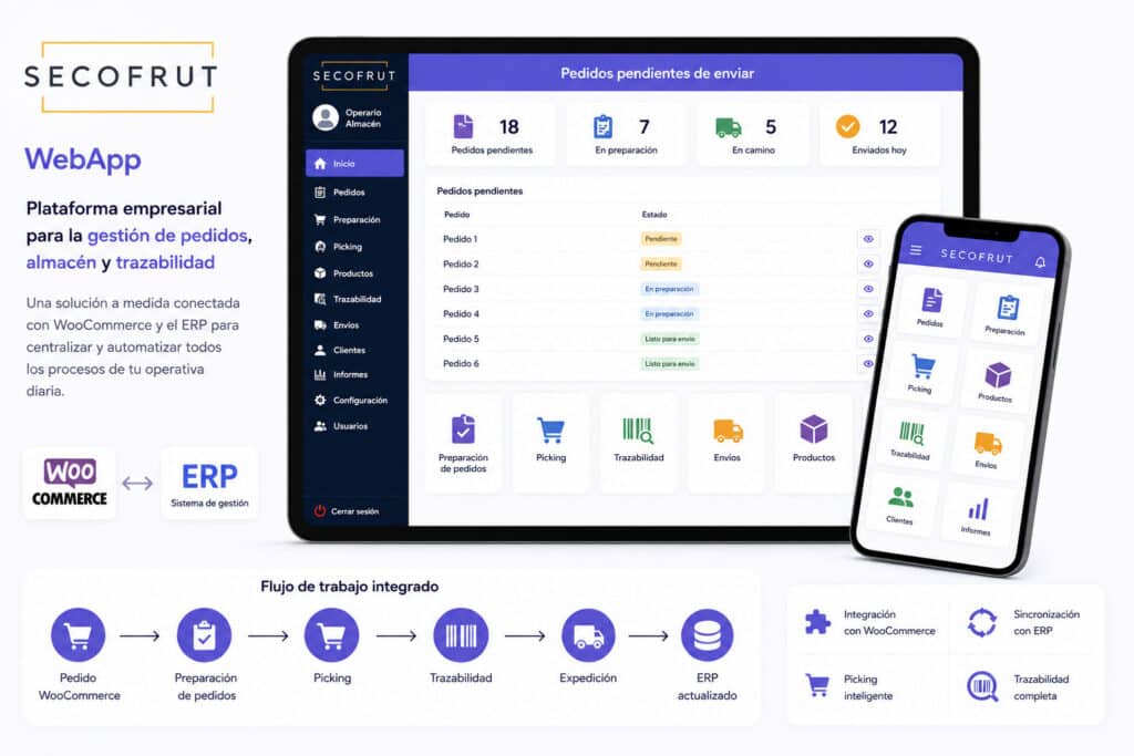 Ilustración de Secofrut WebApp, una plataforma empresarial desarrollada por Soulvi para gestionar pedidos, picking, trazabilidad, expediciones e integración con WooCommerce y ERP desde una única aplicación.