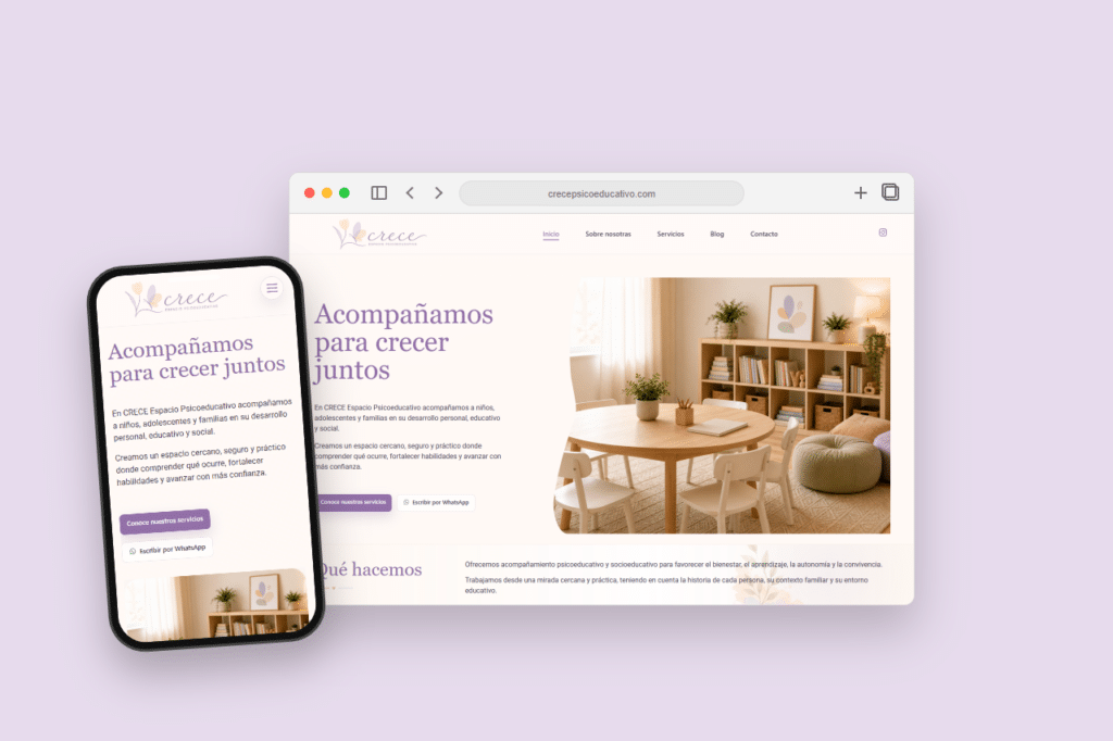Mockup responsive de Crece Psicoeducativo con vistas de escritorio y móvil.