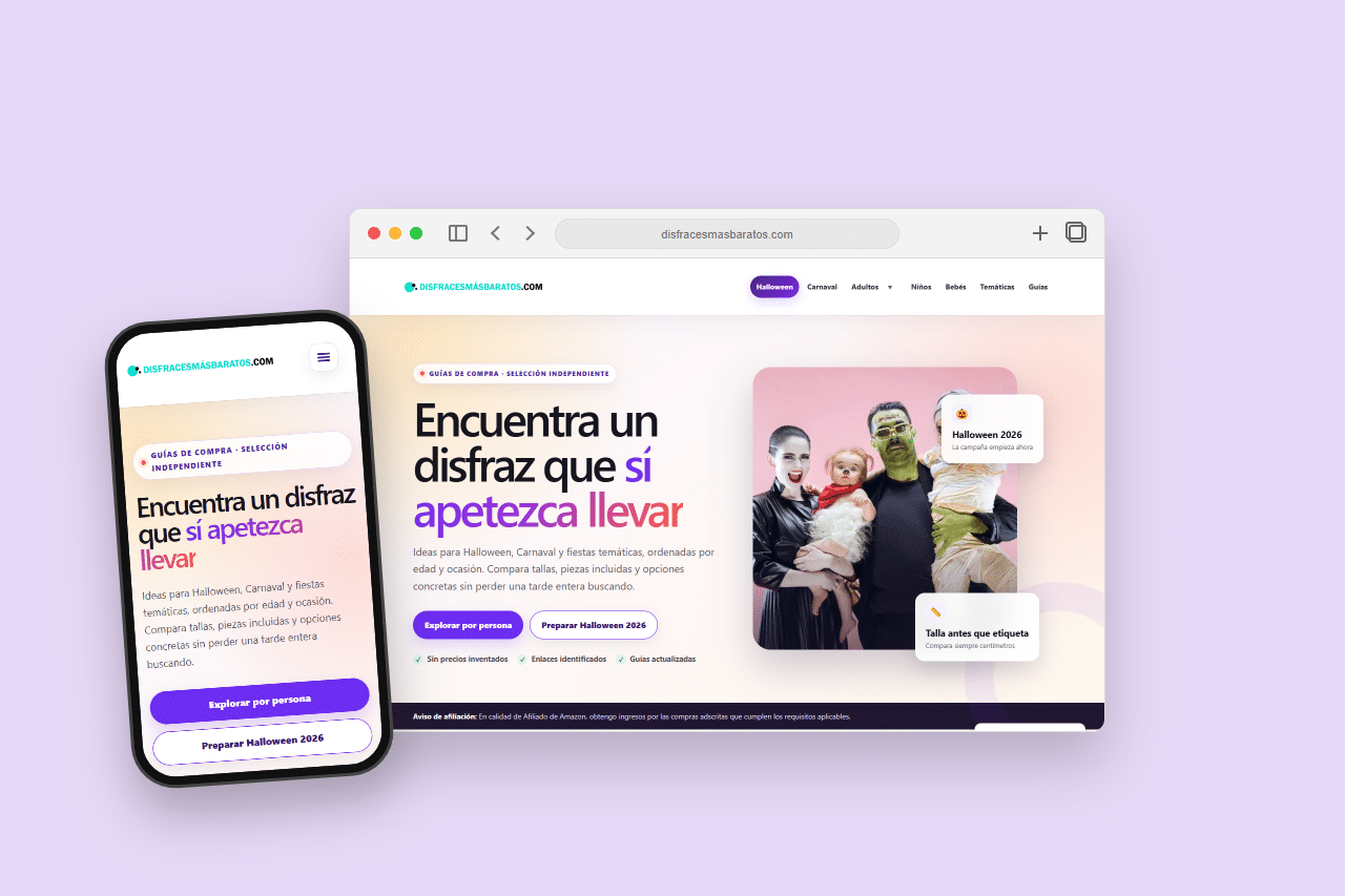 Mockup responsive de Disfraces Más Baratos, web de guías de compra y afiliación.