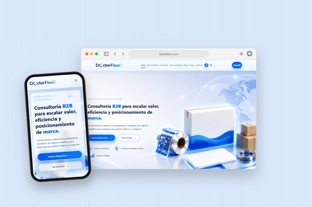 Mockup responsive del rediseño web de DoctorFlexo para consultoría estratégica B2B.