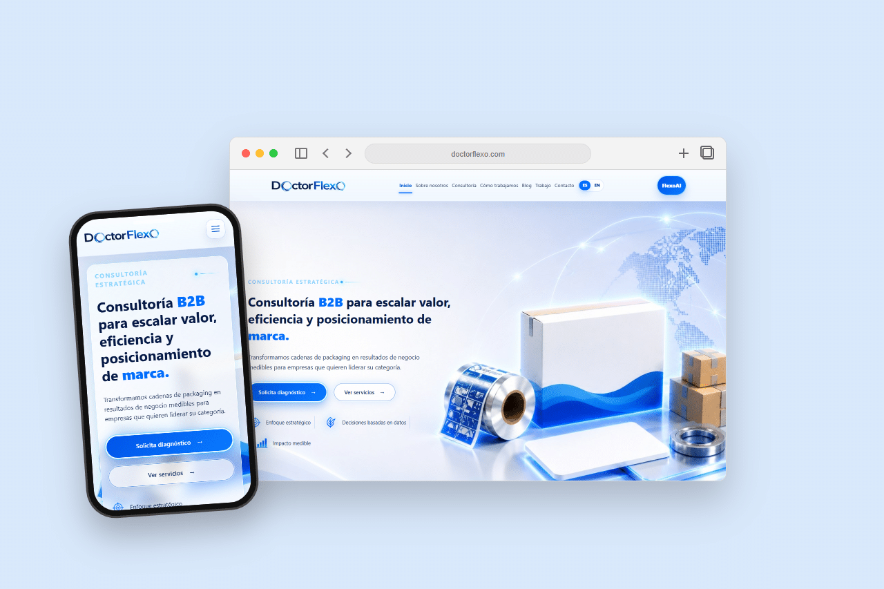 Mockup responsive del rediseño web de DoctorFlexo para consultoría estratégica B2B.