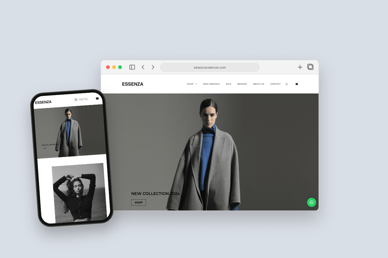 Mockup responsive de Essenza Valencia, tienda online de moda multimarca.