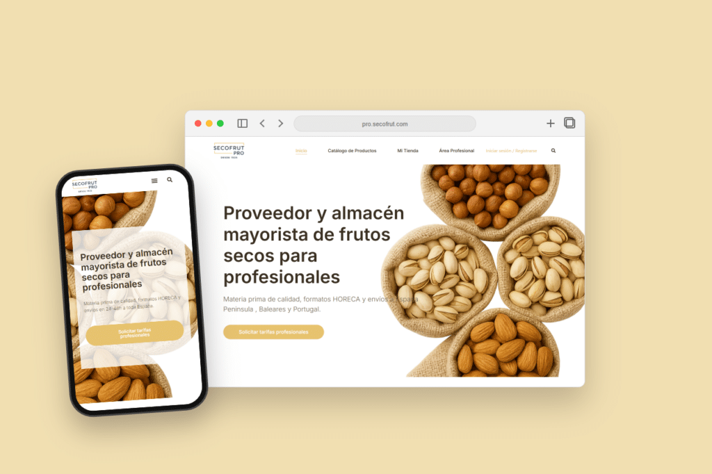 Mockup responsive de Secofrut Pro, web B2B de frutos secos para profesionales.