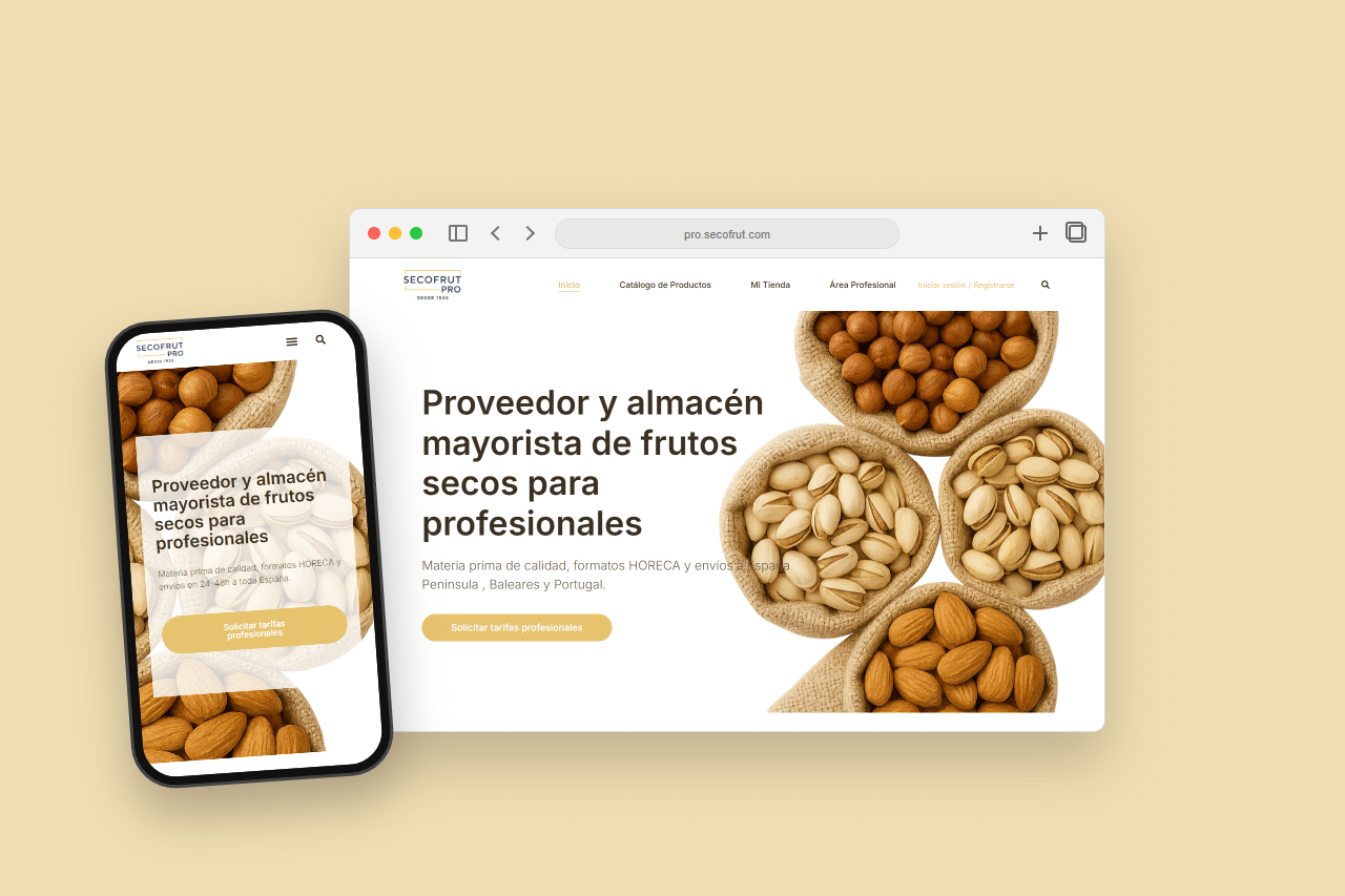 Mockup responsive de Secofrut Pro, web B2B de frutos secos para profesionales.