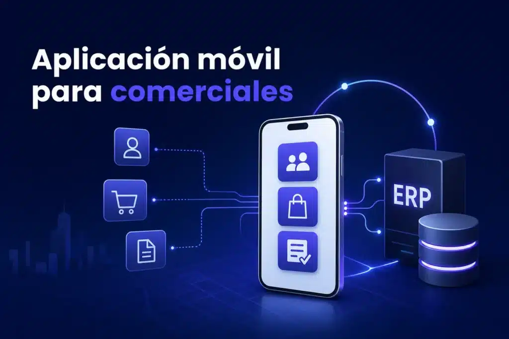 Escena editorial sobre Aplicación móvil para comerciales: cómo conectar catálogo, clientes y pedidos con los sistemas de la empresa