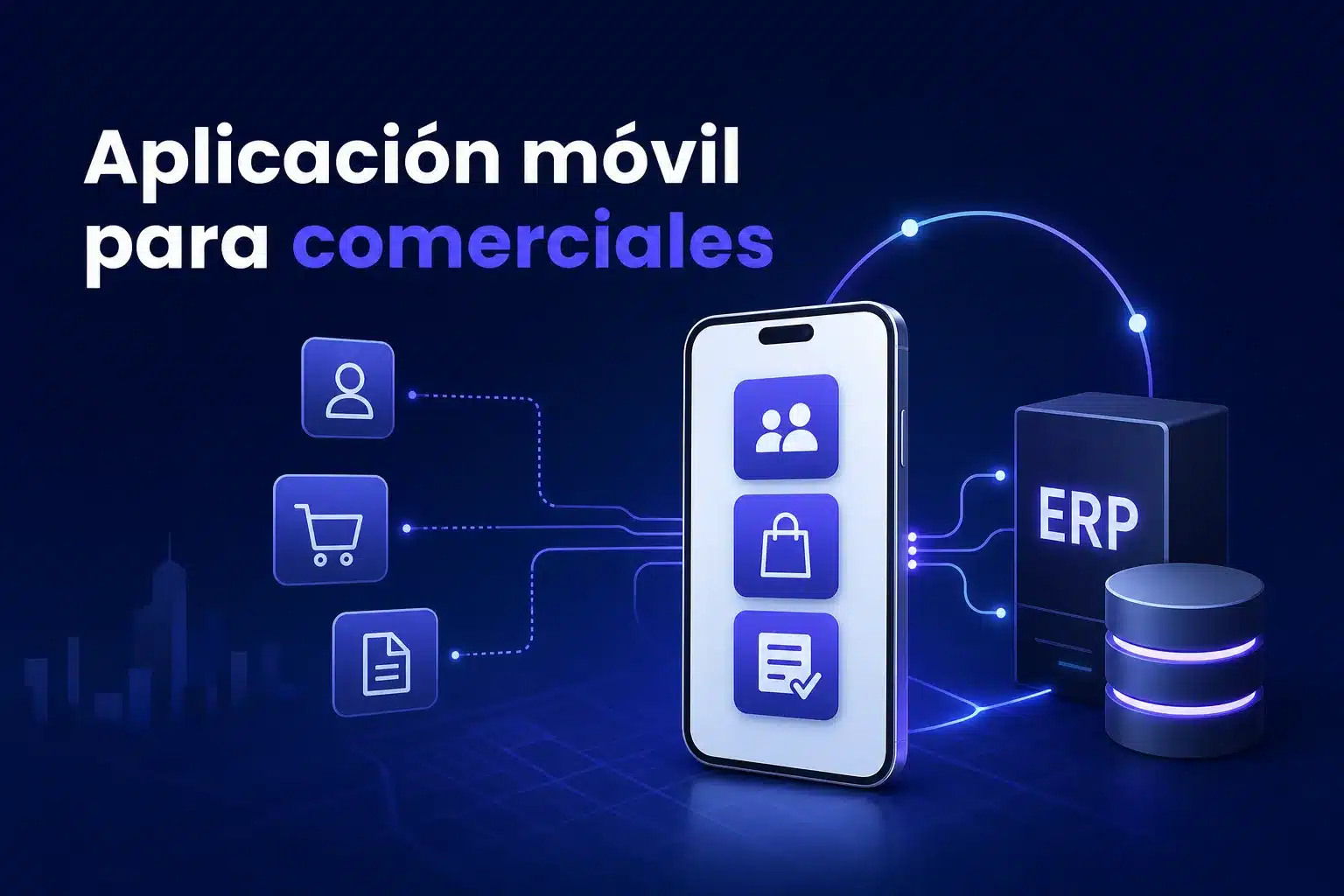 Escena editorial sobre Aplicación móvil para comerciales: cómo conectar catálogo, clientes y pedidos con los sistemas de la empresa