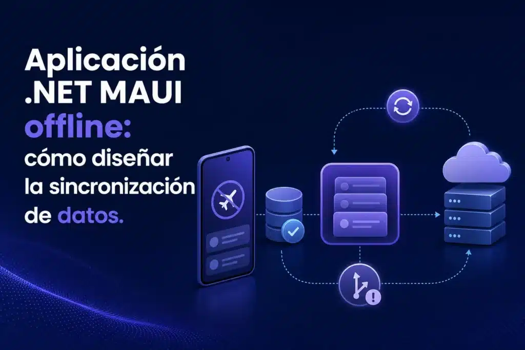 Escena editorial sobre Aplicación .NET MAUI con funcionamiento offline: cómo diseñar la sincronización de datos