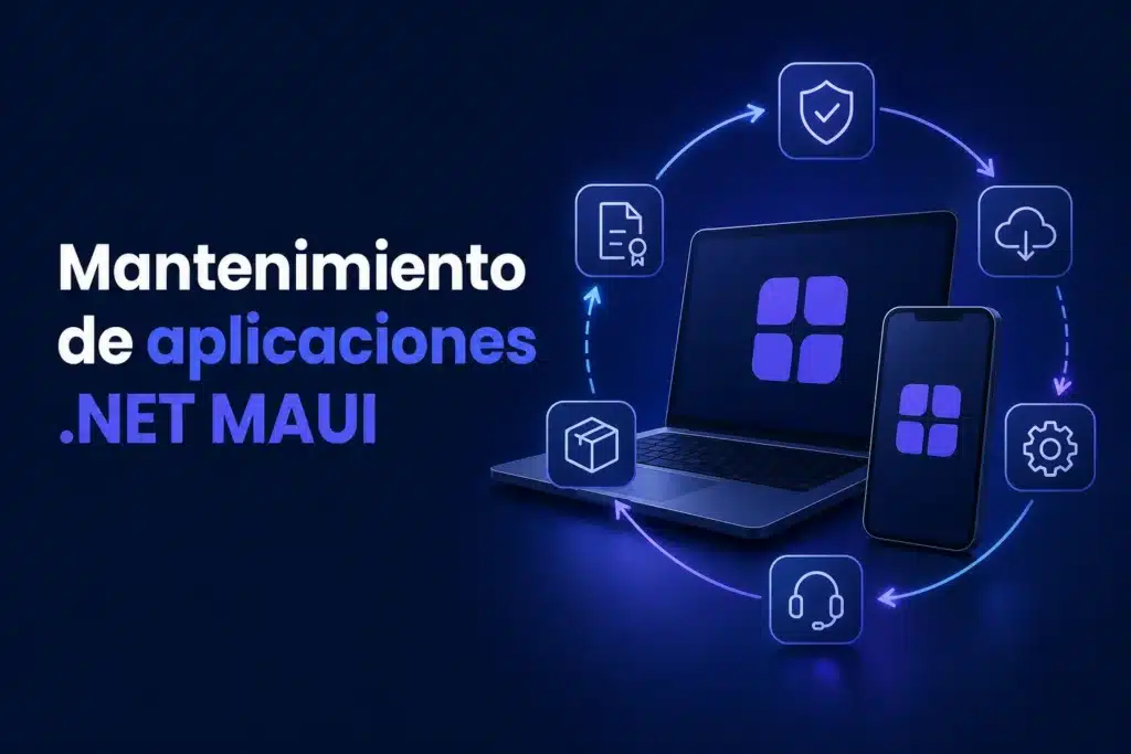 Escena editorial sobre Publicar y mantener una app empresarial desarrollada con .NET MAUI: responsabilidades y controles