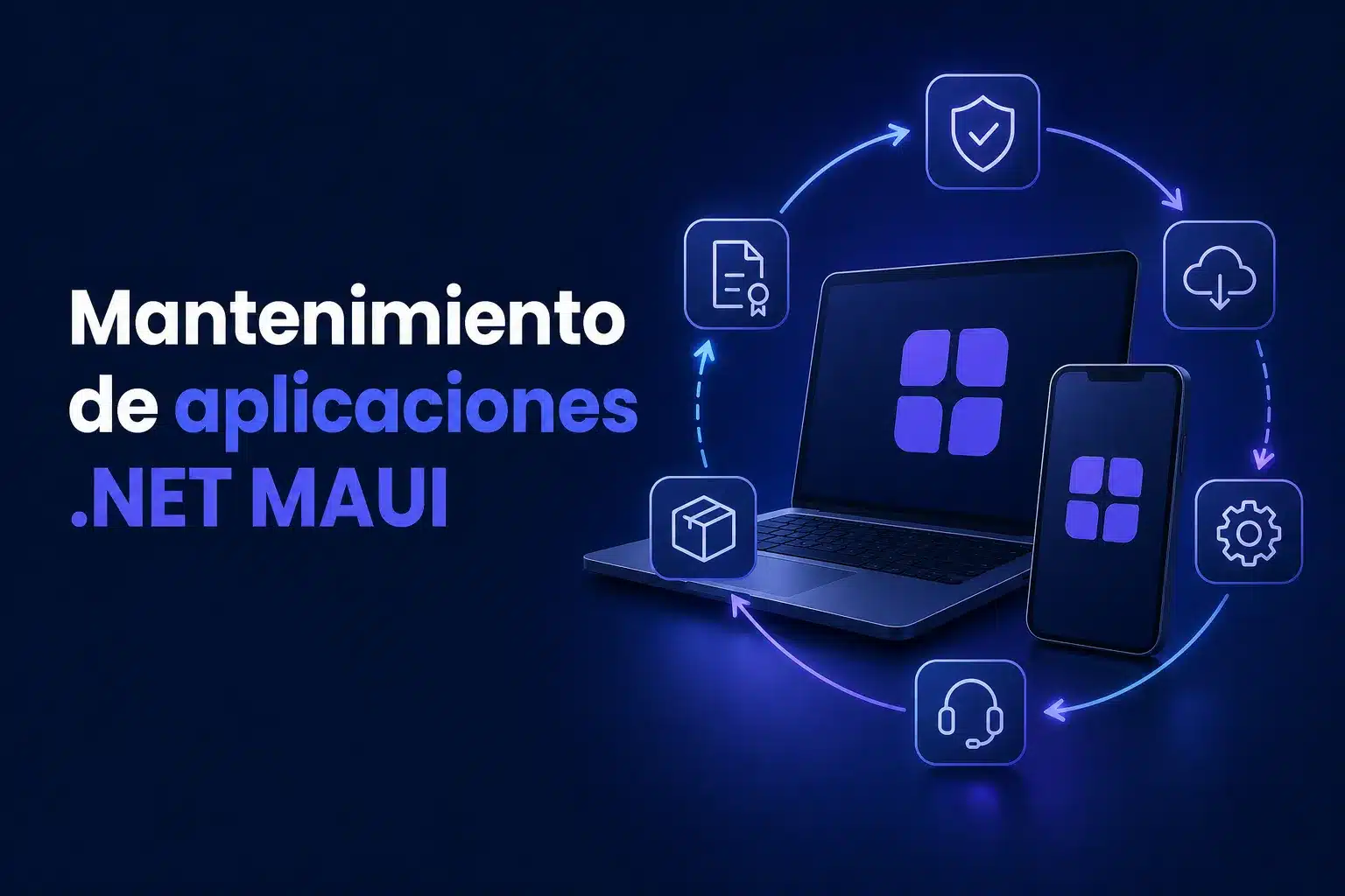 Escena editorial sobre Publicar y mantener una app empresarial desarrollada con .NET MAUI: responsabilidades y controles