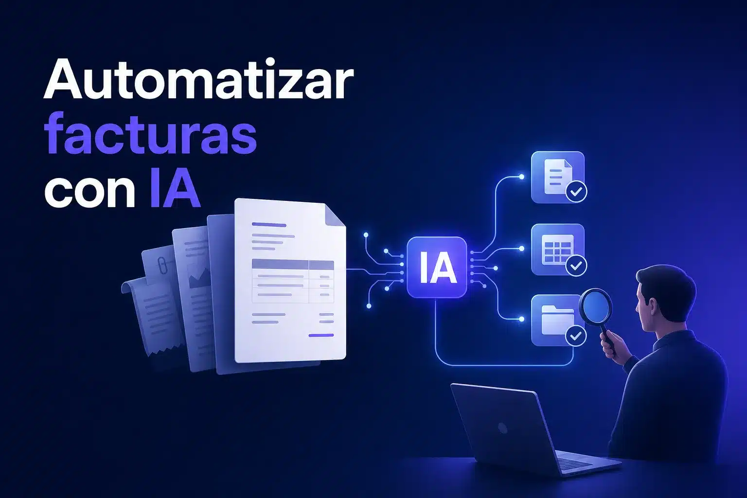 Escena editorial sobre Procesamiento automático de facturas y documentos: qué se puede delegar en la IA y qué debe revisar una persona