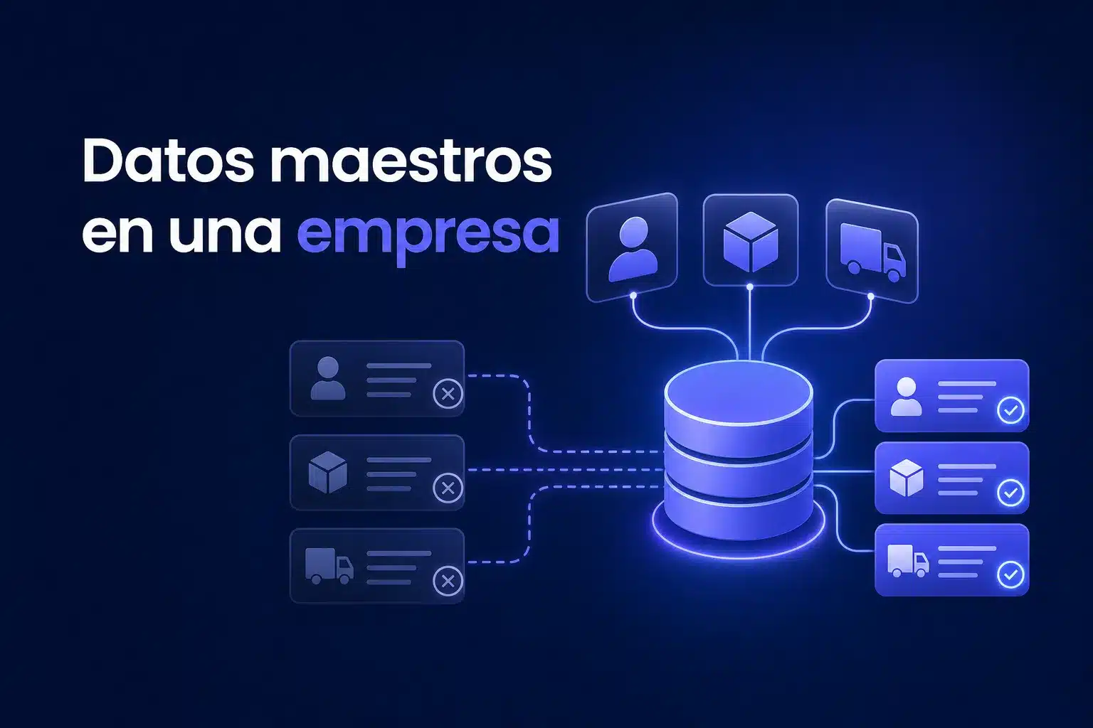 Escena editorial sobre Datos maestros en una empresa: cómo evitar clientes, productos o proveedores duplicados entre sistemas