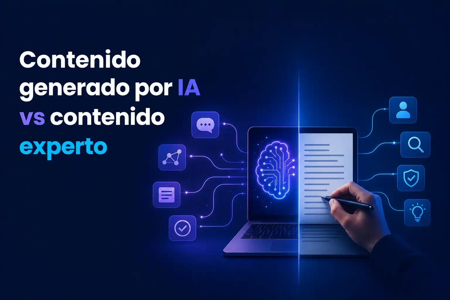 Escena editorial sobre Contenido SEO generado por IA o contenido experto: criterios para decidir qué debe redactar una persona
